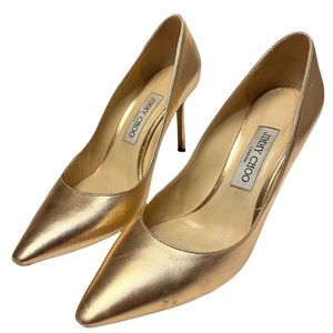 Jimmy Choo Romy Rose Gold Metallic Leather Pumps Pointed Toes Size 39